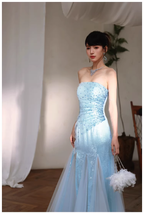 Charming Strapless Blue Tulle Sequin Beaded Mermaid Long Evening Dress Birthday Party Gown