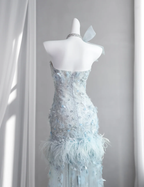 Elegant Light Blue Strapless Tulle Beaded Mermaid Long Wedding Guest Dress Formal Party Dress With Butterfly Appliques SP1512