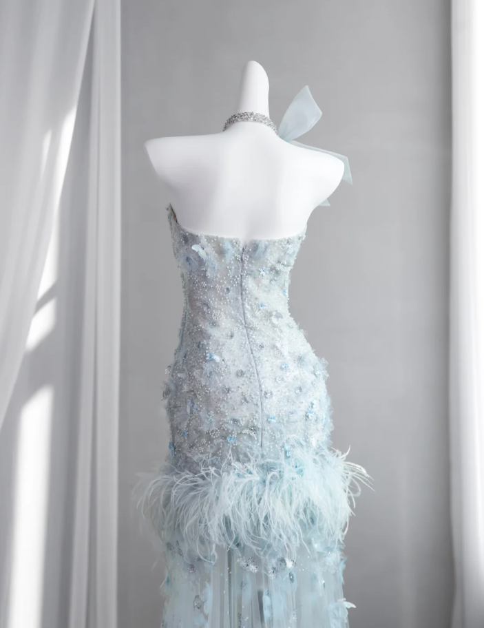 Elegant Light Blue Strapless Tulle Beaded Mermaid Long Wedding Guest Dress Formal Party Dress With Butterfly Appliques SP1512