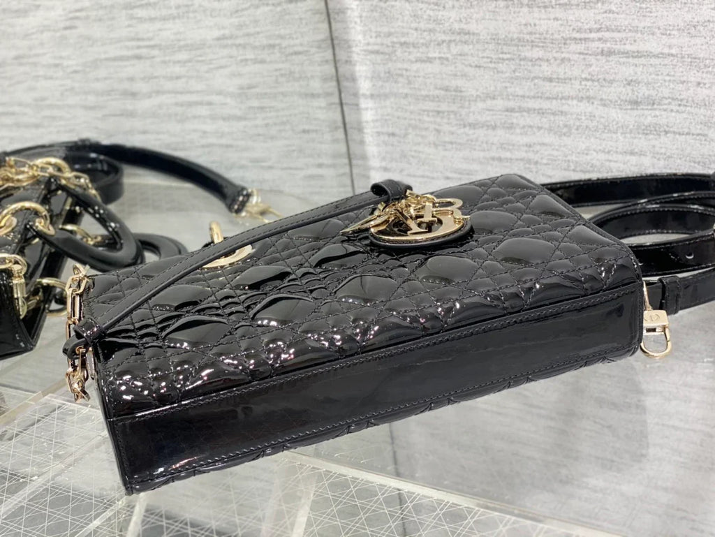 Dior Lady D-Joy Medium Patent Black Leather Bag - 26x6x14cm