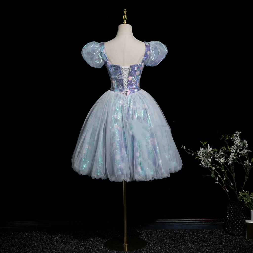 Classy Square Neck Blue Sequin Floral Tulle A Line Formal Homecoming Dress Birthday Outfits Y9886