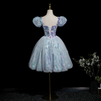 Classy Square Neck Blue Sequin Floral Tulle A Line Formal Homecoming Dress Birthday Outfits Y9886