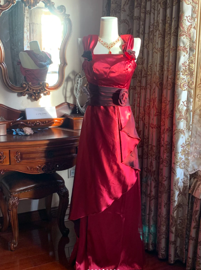 Stylish Burgundy Satin Ruffles Long Party Dress Evening Gown