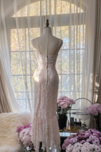 Pretty Spaghetti Straps Light Pink Lace Pleated Mermaid Long Wedding Guest Dress Formal Prom Dress Party Gown