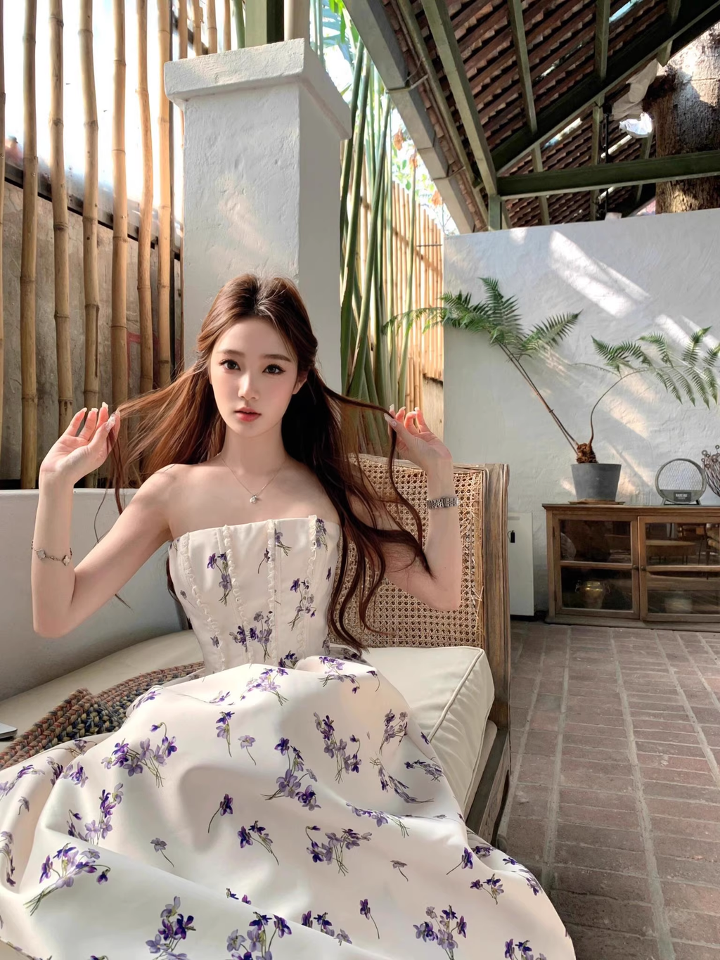Sweet Strapless Off White Satin Print Floral A Line Long Evening Dress Birthday Dress SP2029
