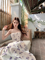Sweet Strapless Off White Satin Print Floral A Line Long Evening Dress Birthday Dress SP2029