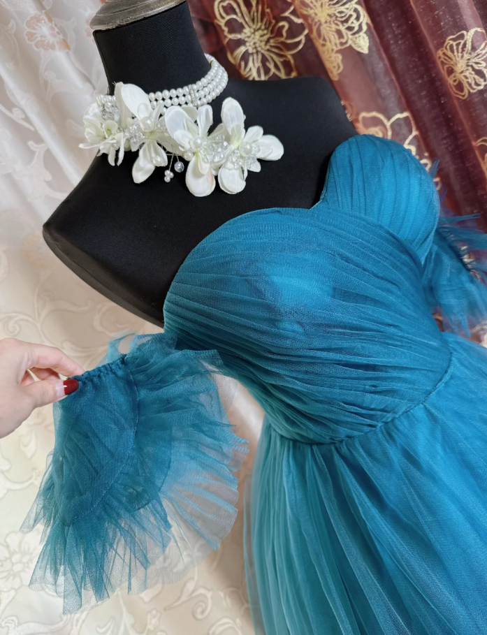 Elegant Peacock Blue Off The Tulle A Line Wedding Guest Dress Long Evening Dress Prom Dress SP1613