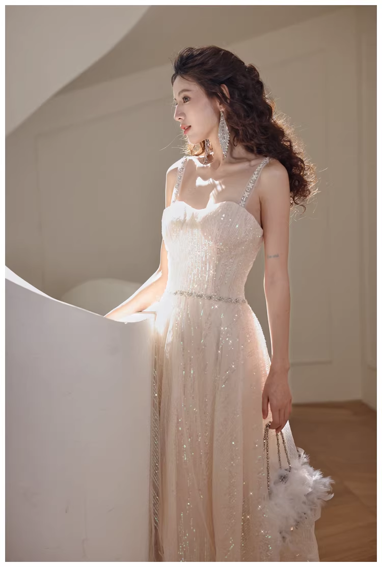 Elegant Light Champagne Tulle Sequin Beaded A Line Mid Length Birthday Prom Dress Evening Gown