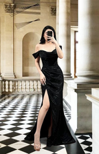 Shiny Baby Blue Off the Shoulder Satin Sequin Mermaid Slit Prom Dress Long Birthday Evening Dress SP1733