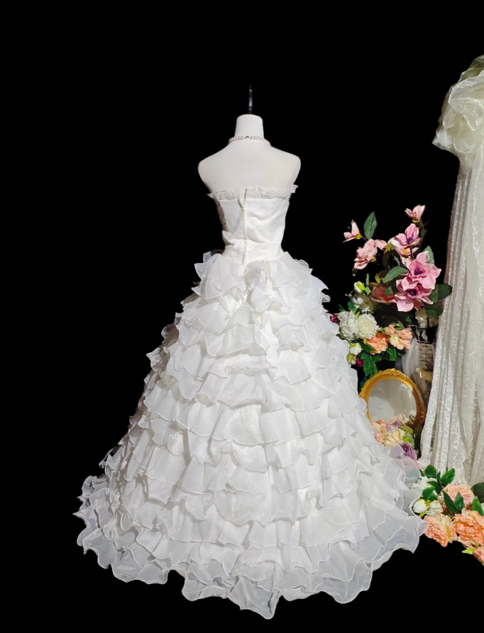 Glamorous Strapless Beaded White Chiffon Ruffles Layered Long Wedding Dress Formal Bridal Gowns