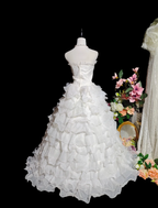 Glamorous Strapless Beaded White Chiffon Ruffles Layered Long Wedding Dress Formal Bridal Gowns