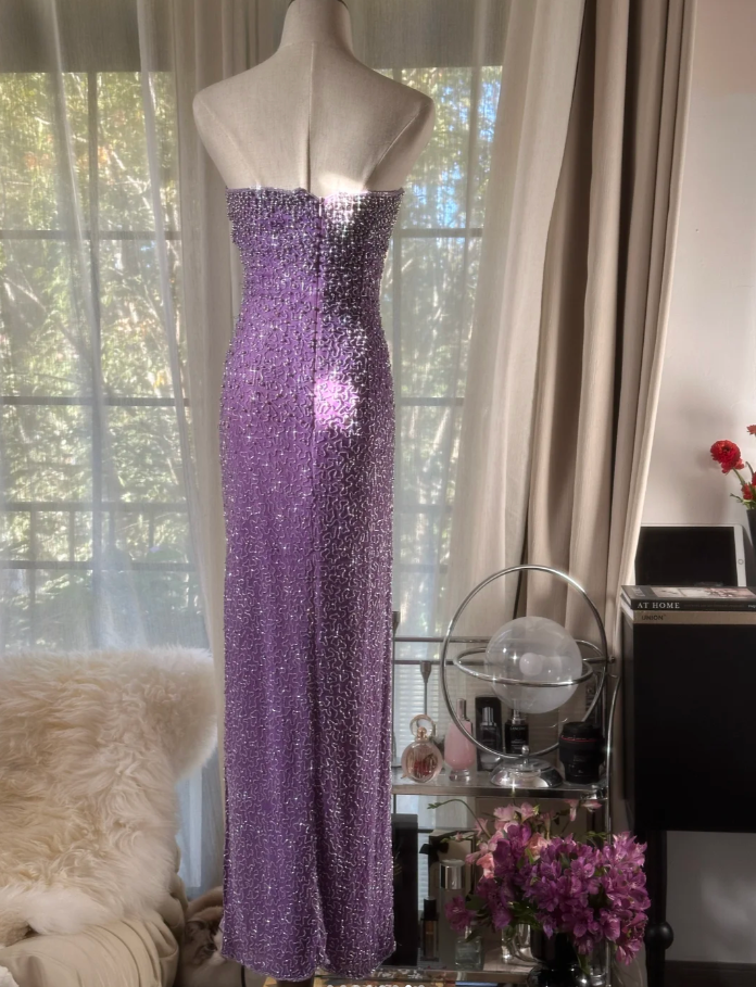 Glamorous Strapless Purple Chiffon Beaded Sheath Slit Prom Dress Long Party Gown