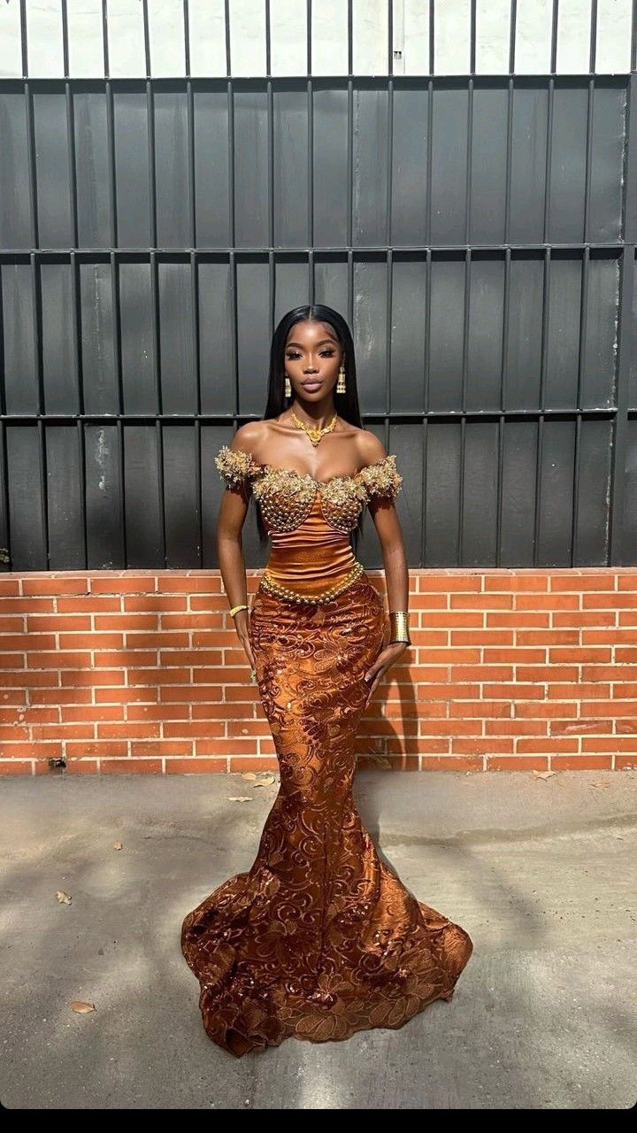 Gorgeous Burnt Orange Off The Shoulder Satin Beaded Mermaid Long Party Dress Evening Gown