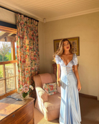 Elegant Blue V Neck Satin Lace Long Birthday Party Dress Formal Prom Dress SP192