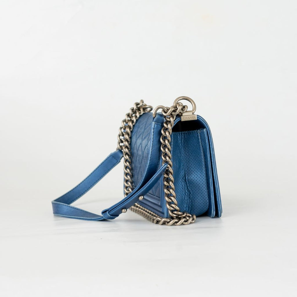 Chanel Blue Perforated Quilted Leather Small Boy Flap Bag