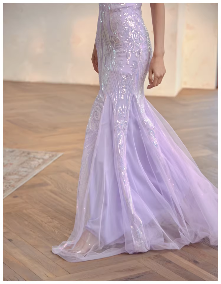 Gorgeous Sweetheart Neck Lavender Tulle Sequin Mermaid Long wedding Guest Dress Formal Evening Dress Prom Gown