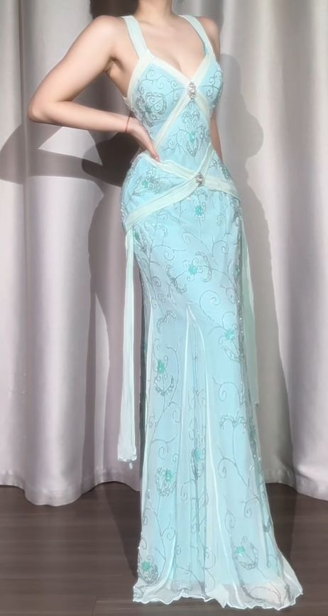 Classy Light Blue V Neck Chiffon Beaded Mermaid Long Party Dress Backless Evening Gown