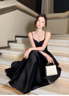 Sexy Black Spaghetti Straps Satin A Line Long Wedding Guest Dress Formal Birthday Prom Dress Party Dress SP1492