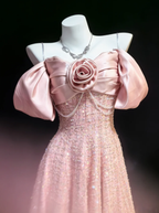 Sweet Pink Off The Shoulder Sequin A Line Long Wedding Guest Dress Formal Party Dress Birthday Prom Gown SP1623