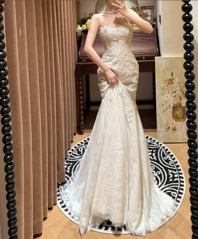 Pretty Strapless White Lace Sequin Beaded Mermaid Long Evening Dress Formal Birthday Birthday Prom Dress Party Gown