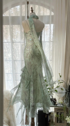 Vintage Spaghetti Straps Long Evening Dress, Sleeveless Green Mermaid Party Gowns Y9728