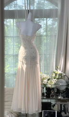 Classy Spaghetti Straps Ivory Chiffon Sequin Beaded Mermaid Party Dress Evening Gown
