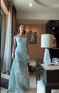 Gorgeous Strapless Blue Satin Sequin Long Party Dress Prom Gown SP251