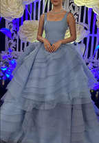 Glamorous Spaghetti Straps Blue Tulle Layered Ball Gown Long Evening Dress