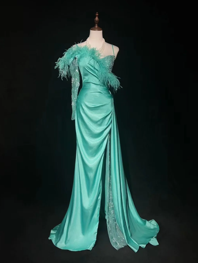 Elegant Green Satin Beaded Mermaid Long Party Dress Prom Gown With Feathers SP1819