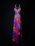 Unique V Neck Purple Spaghetti Straps Chiffon Beaded Mermaid Long Party Dress Evening Gown