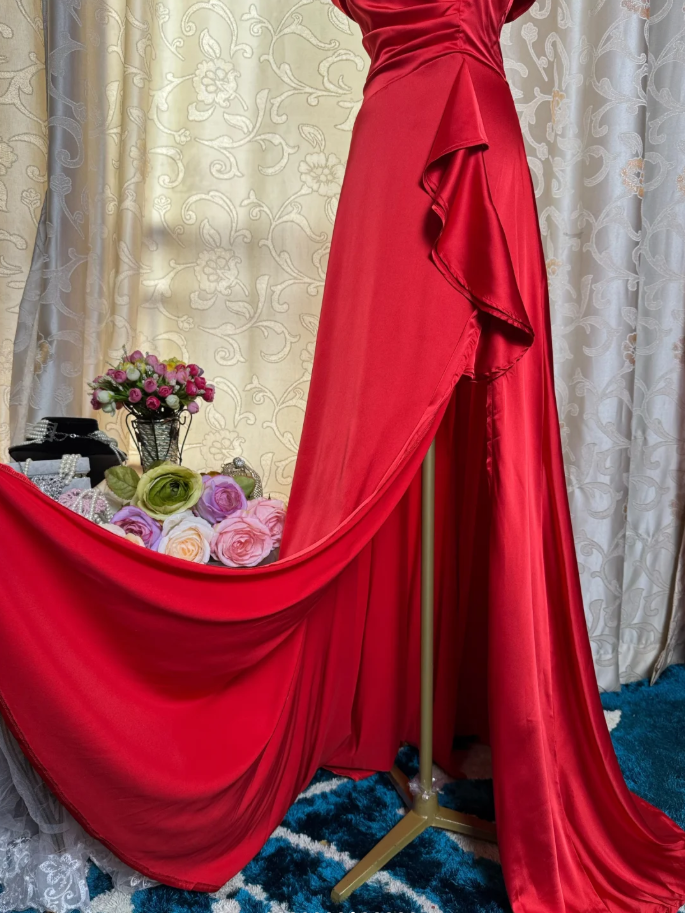 Fashion Red Off The Shoulder Satin Mermaid Long Party Dress Formal Wedding Guest Dress SP1885
