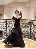 Gorgeous Off The Shoulder Satin Ruffles Layered Mermaid Long Party Dress Black Wedding Guest Dress SP1977