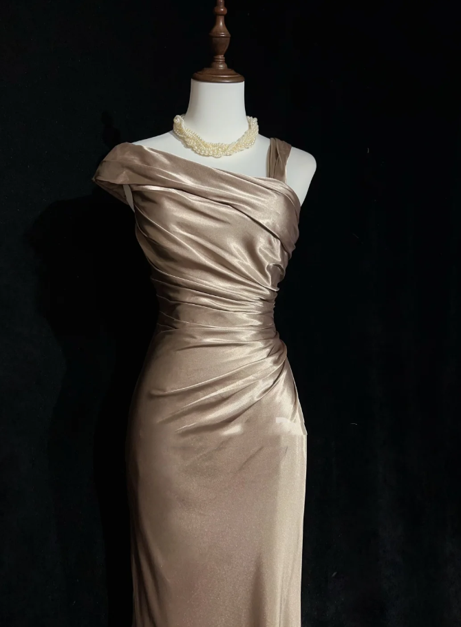 Vintage Champagne Satin Pleated Mermaid Long Birthday Prom Dress Evening Gown SP1962