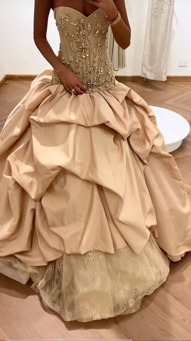 Gorgeous Strapless Satin Pleated Lace Beaded Ball Gown Long Evening Dress
