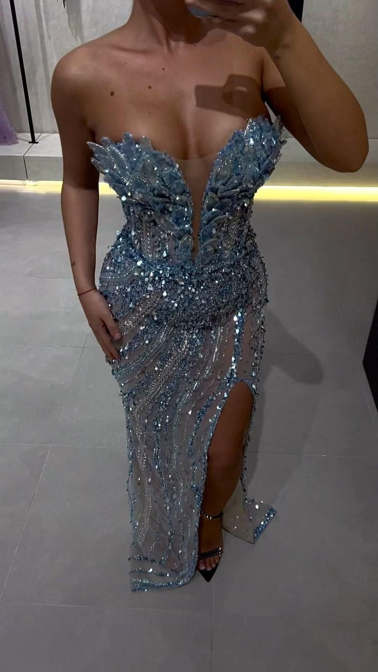 Luxury Blue Strapless Sequin Beaded Slit Mermaid Evening Dress Party Gown