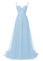 Blue Flower Lace Appliques Tulle Long Prom Dresses for Teens Y7044
