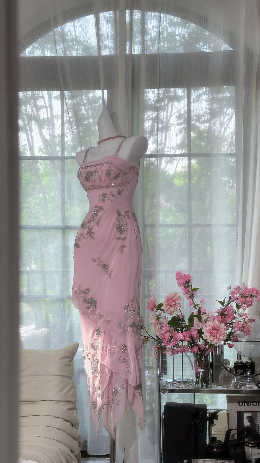 Sweet Spaghetti Straps Pink Chiffon Beaded Layered Mermaid Prom Dress Birthday Party Gown