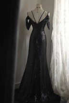 Shiny Spaghetti Straps Black Sequin Mermaid Party Dress Long Birthday Prom Gown SP1259
