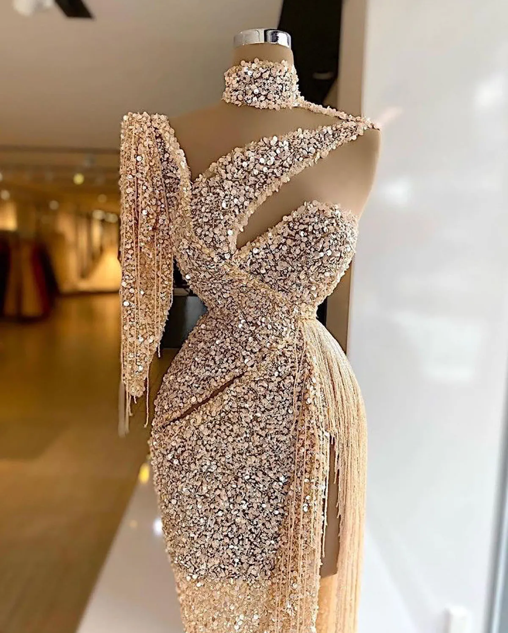 Sparkly Sequin Evening Dress Side Slit Prom Dress One Shoulder Tassels Custom Made Y6411