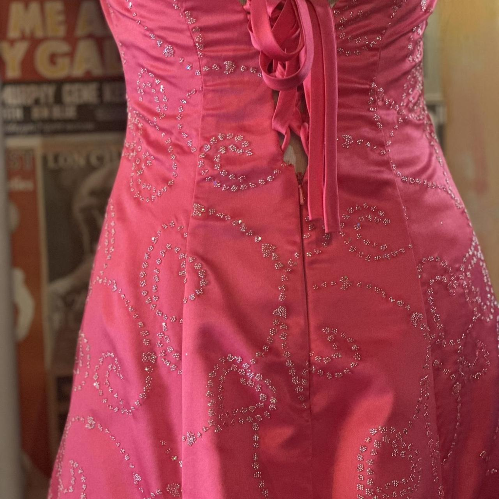 Elegant Hot Pink Strapless Satin Beaded Long Party Dress Birthday Prom Gown
