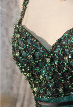 Vintage Spaghetti Straps Satin Tulle Beaded Mermaid Evening Dress Dark Green Long Party Gown