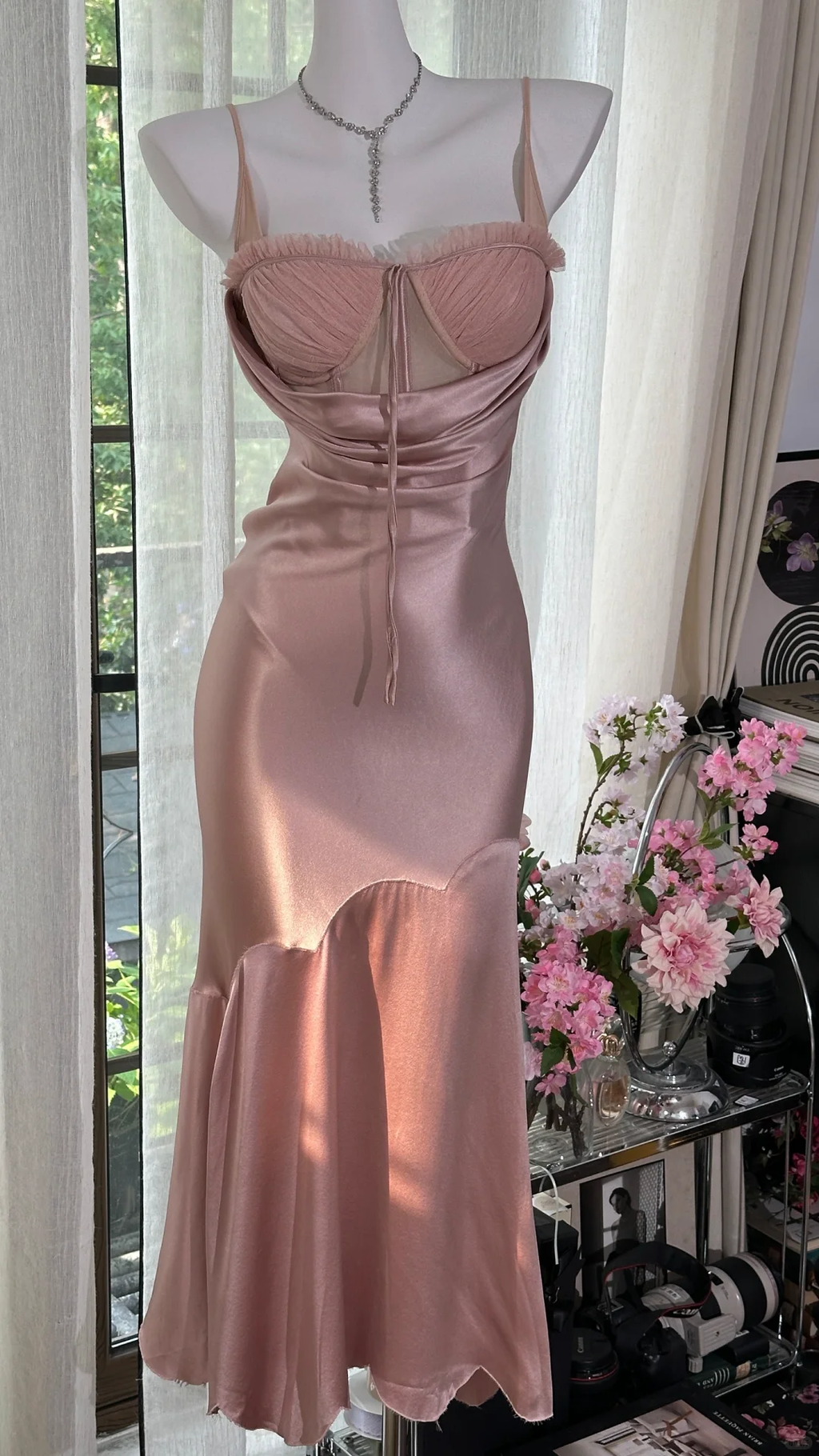 Elegant Spaghetti Straps Sweetheart Neck Pink Satin Mermaid Party Dress Long Birthday Prom Gown