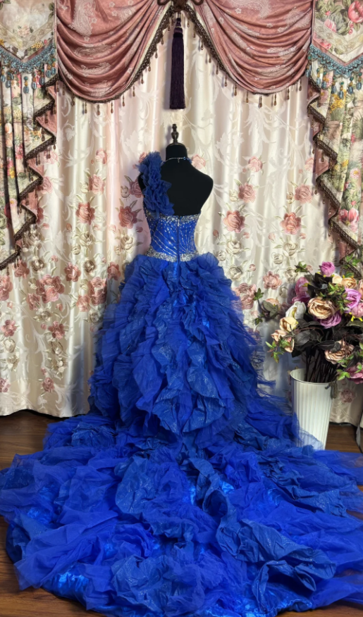 Charming One Shoulder Royal Blue Beaded Tulle Pleated Ruffles Long Prom Dress Mermaid Evening Dresses SP1604