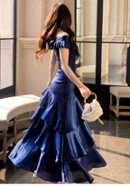 Stylish Navy Blue Off The Shoulder Satin Layered Ruffles Mermaid Long Evening Dress Prom Gown