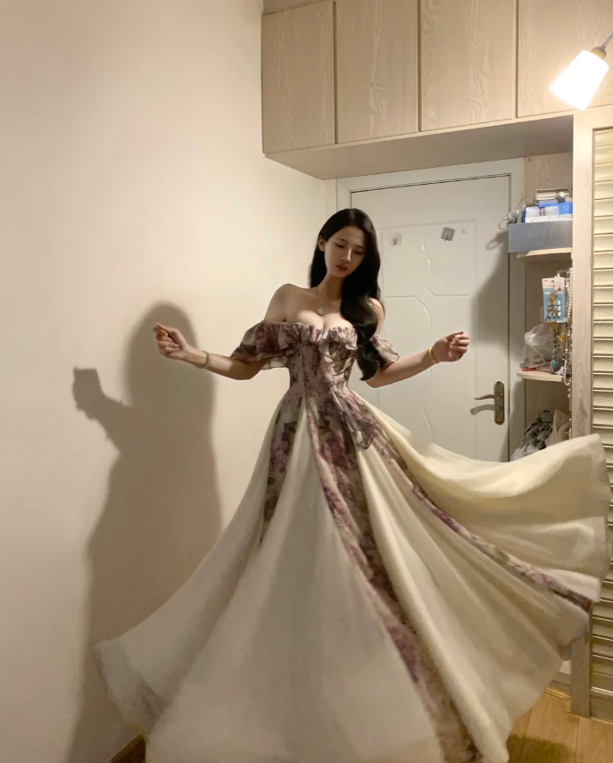 Pretty Off The Shoulder Chiffon Printed Floral A Line Long Party Dress Evening Gown