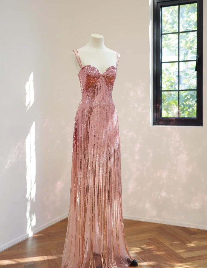 Sparkly Spaghetti Straps Pink Sequin Long Birthday Party Dress Evening Gown