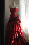 Vintage Red Strapless Satin Layered Mermaid Long Prom Dresses Evening Dress SP1174