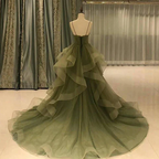 Green Straps Sweetheart Tulle Long Evening Dress, Green Layered Tulle Prom Dress Y987