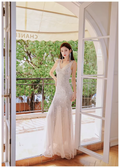 Glitter V Neck Champagne Silver Sequin Tulle Mermaid Long Evening Dress Party Gown