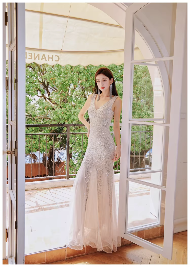 Glitter V Neck Champagne Silver Sequin Tulle Mermaid Long Evening Dress Party Gown